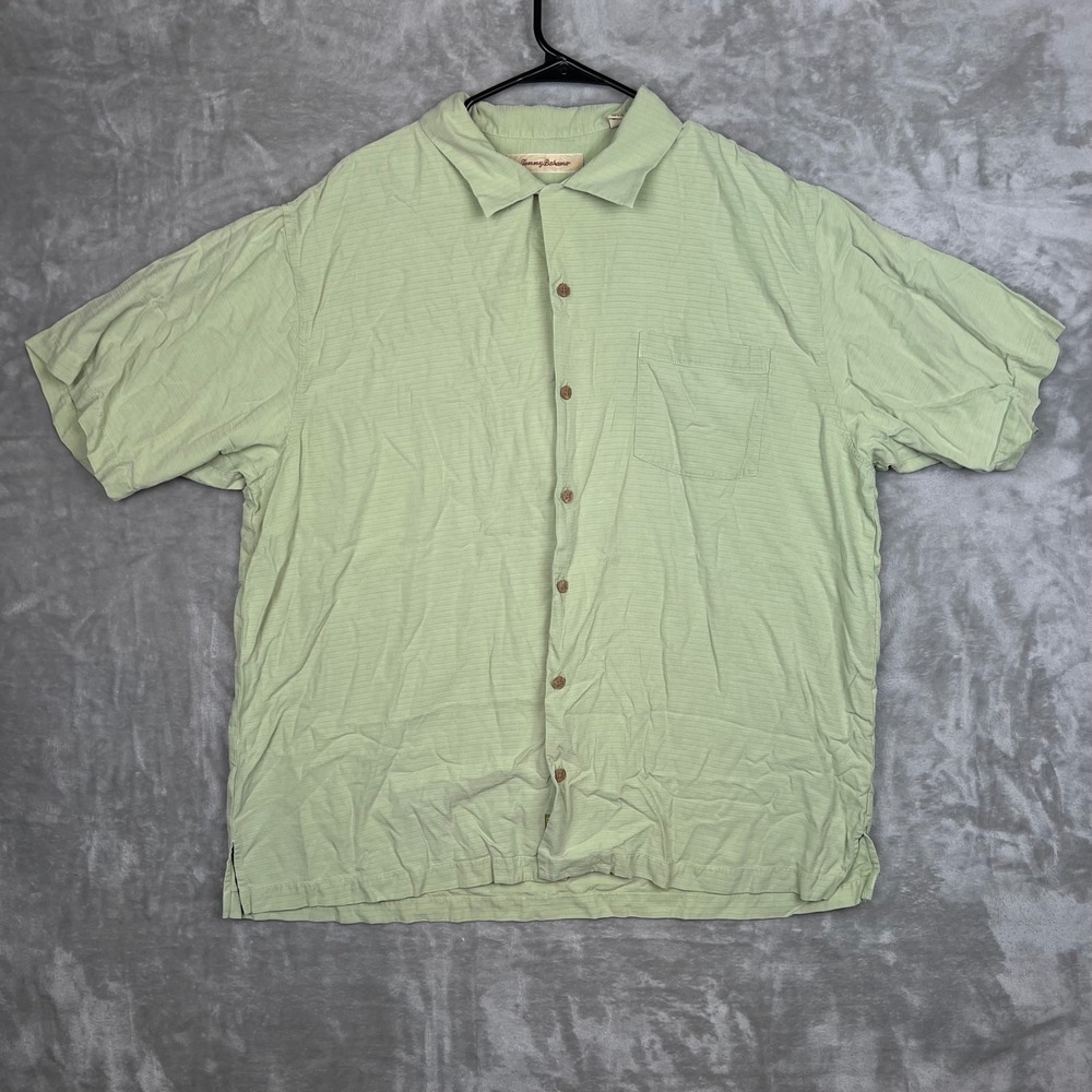 Tommy Bahama Mens XL‎ Silk Short Sleeve Button Down Shirt Pale Green Tropical